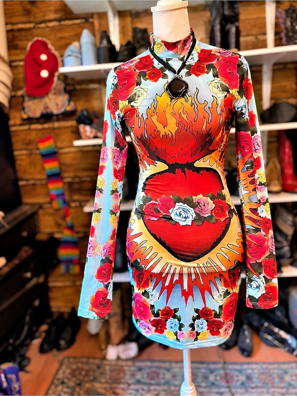 Dolls Kill Sacred Heart Rose Flame Print Long Sleeve Mini Dress Size S